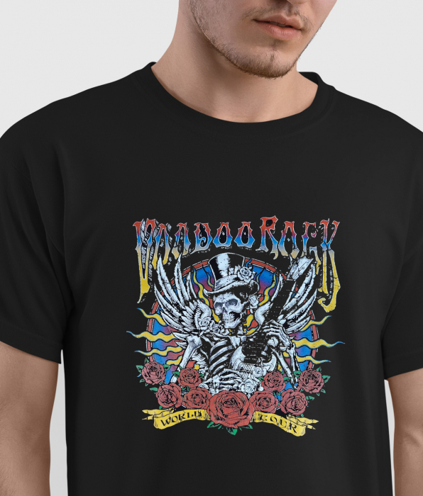 Tricou Skull Vodoo Rock din bumbac negru, cu design rock, craniu, chitara si trandafiri [5]