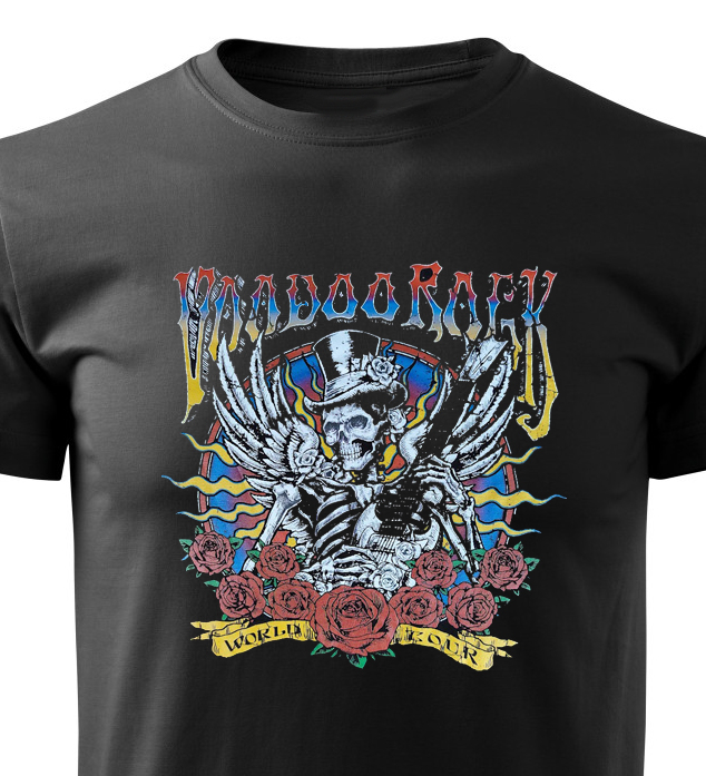 Tricou Skull Vodoo Rock din bumbac negru, cu design rock, craniu, chitara si trandafiri [4]