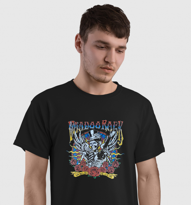 Tricou Skull Vodoo Rock din bumbac negru, cu design rock, craniu, chitara si trandafiri [2]