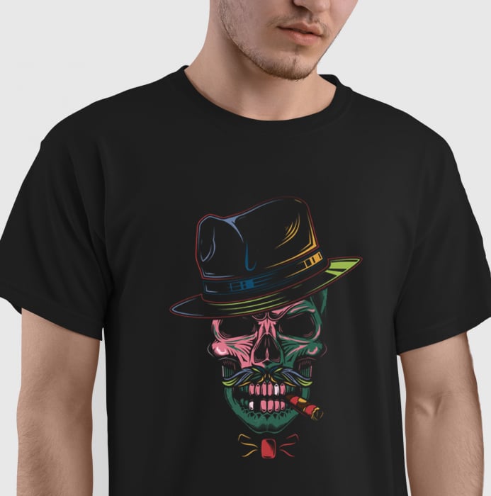 Tricou gangster cu trabuc, din bumbac negru, pentru barbati, cu design craniu gangster [1]