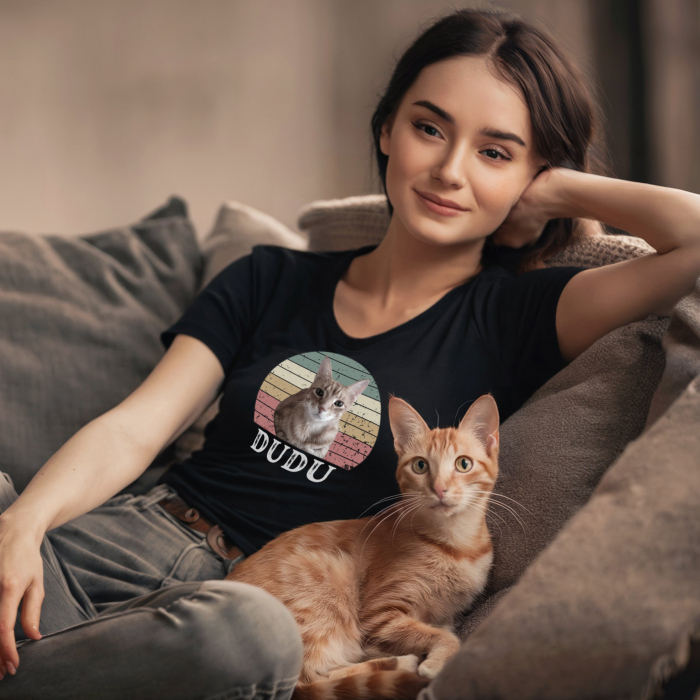 Tricou negru din bumbac personalizat cu fotografia și numele pisicii tale [2]
