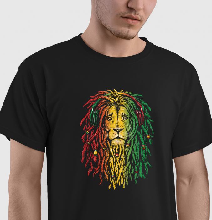 Tricou Rasta Lion, din bumbac negru, pentru barbati, cu design leu Rastafarian [1]
