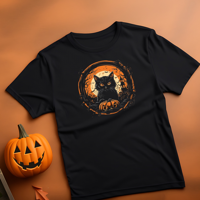 Tricou Black Cat Halloween, din bumbac negru [2]