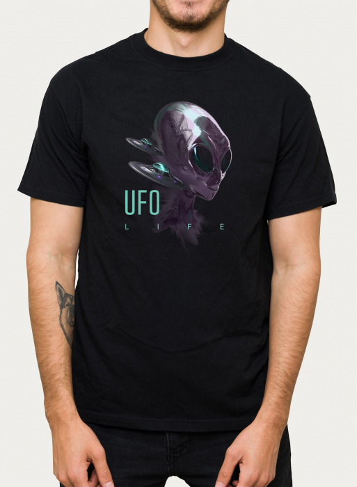 Tricou negru UFO Life, cu extraterestru abstract [2]