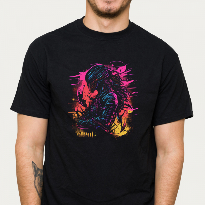 Tricou negru Alien, cu extraterestru abstract multicolor [2]