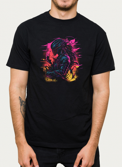 Tricou negru Alien, cu extraterestru abstract multicolor [5]