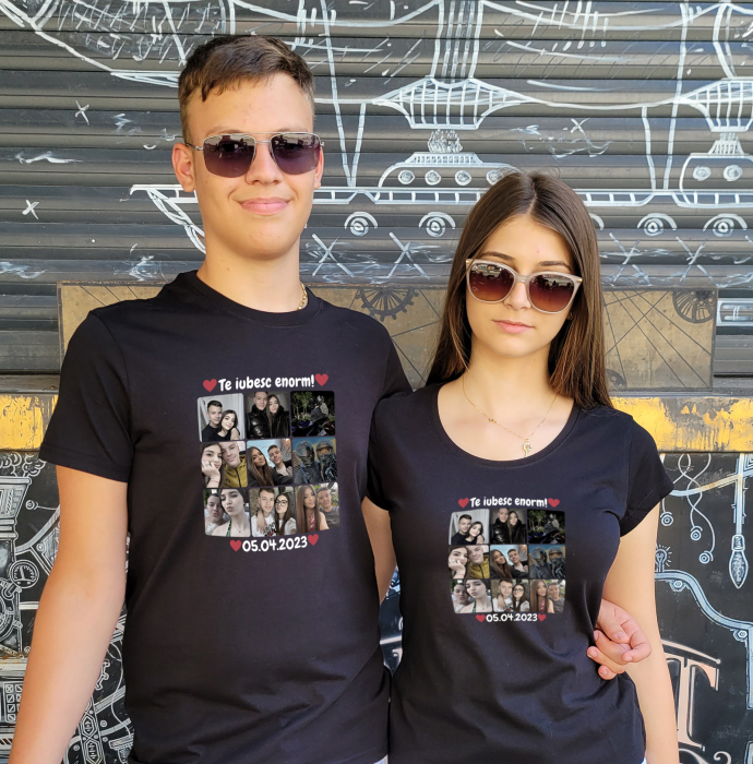 Tricou negru din bumbac personalizat pentru cuplu cu colaj din 9 fotografii si mesaj [3]