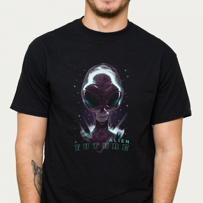 Tricou negru Alien Future, cu extraterestru abstract [3]