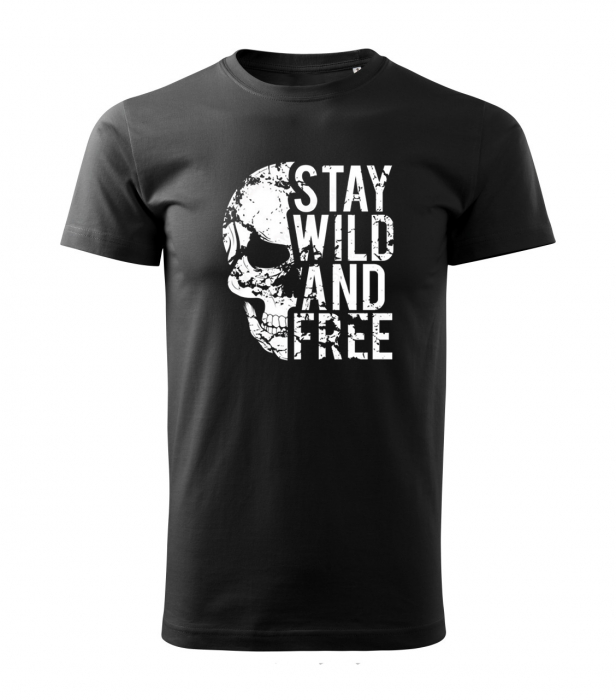 Tricou Stay wild and free, din bumbac negru, cu design craniu, pentru barbati [3]
