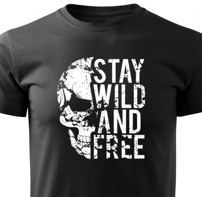 Tricou Stay wild and free, din bumbac negru, cu design craniu, pentru barbati [2]