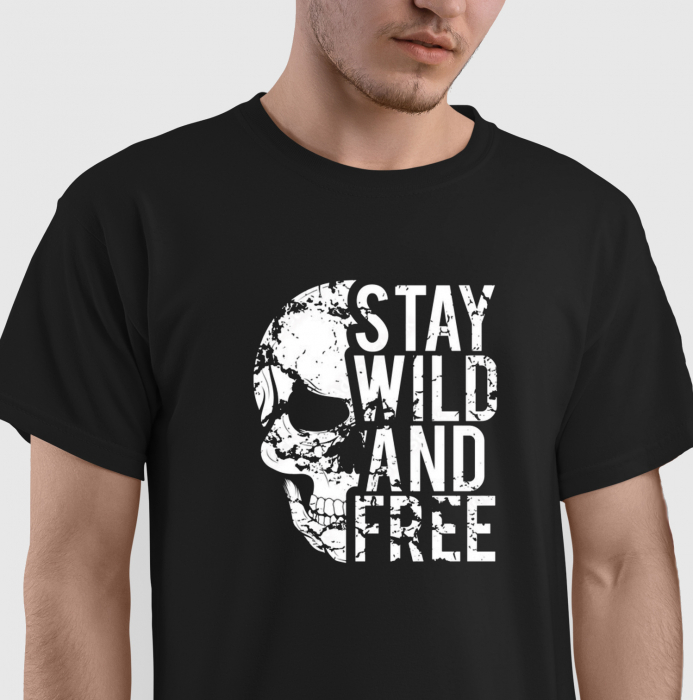 Tricou Stay wild and free, din bumbac negru, cu design craniu, pentru barbati [1]