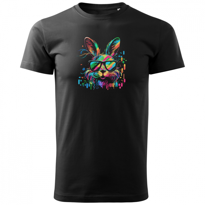 Tricou negru personalizat cu design de Paste, iepuras multicolor, din bumbac negru [3]