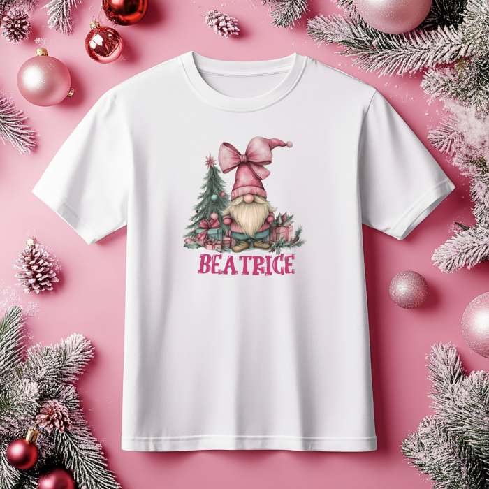 Tricou pentru copii de Craciun, personalizat cu nume si gnom roz [3]