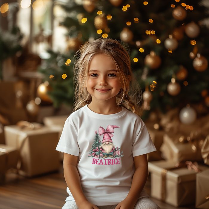 Tricou pentru copii de Craciun, personalizat cu nume si gnom roz [2]