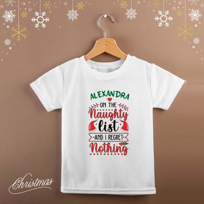 Tricou pentru copii de Craciun, personalizat cu nume si mesaj On the naughty list [2]