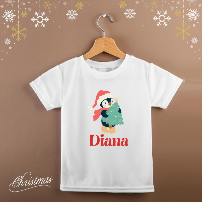 Tricou pentru copii de Craciun, personalizat cu nume si pinguin [3]