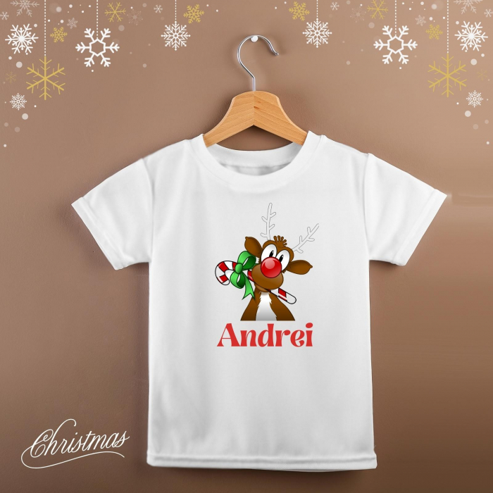 Tricou pentru copii de Craciun, personalizat cu nume si ren [2]