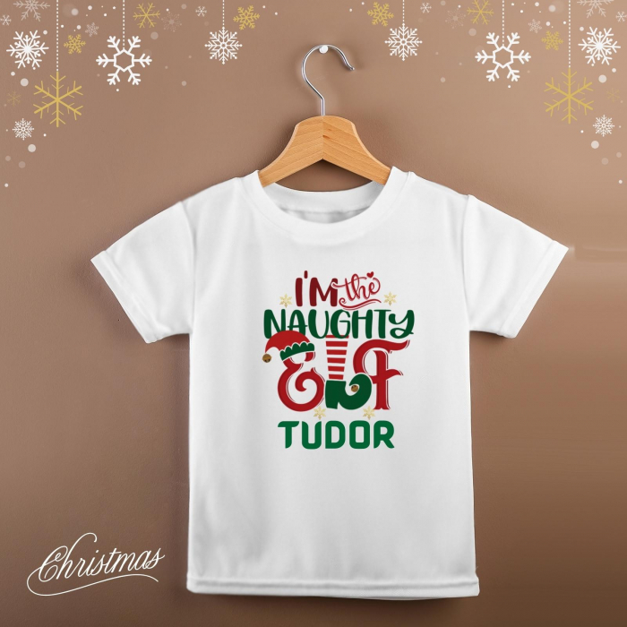 Tricou pentru copii de Craciun, personalizat cu nume, spiridus si mesajul I'm the naughty Elf [2]