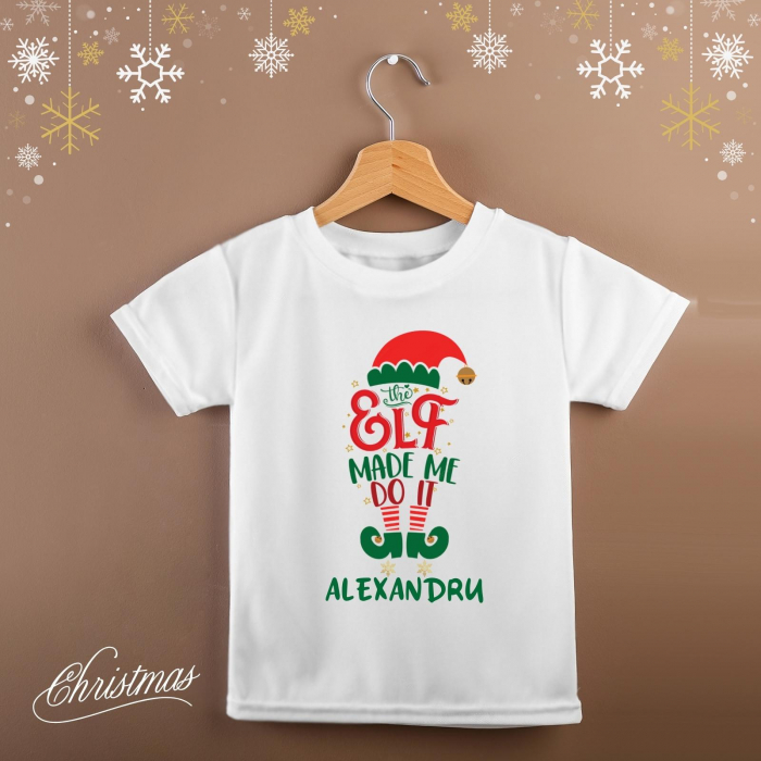 Tricou pentru copii de Craciun, personalizat cu nume, spiridus si mesajul The Elf made me do it [2]