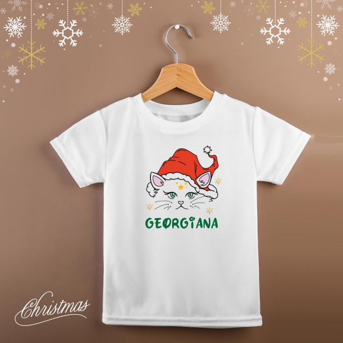 Tricou pentru copii de Craciun, personalizat cu nume si pisicuta [2]