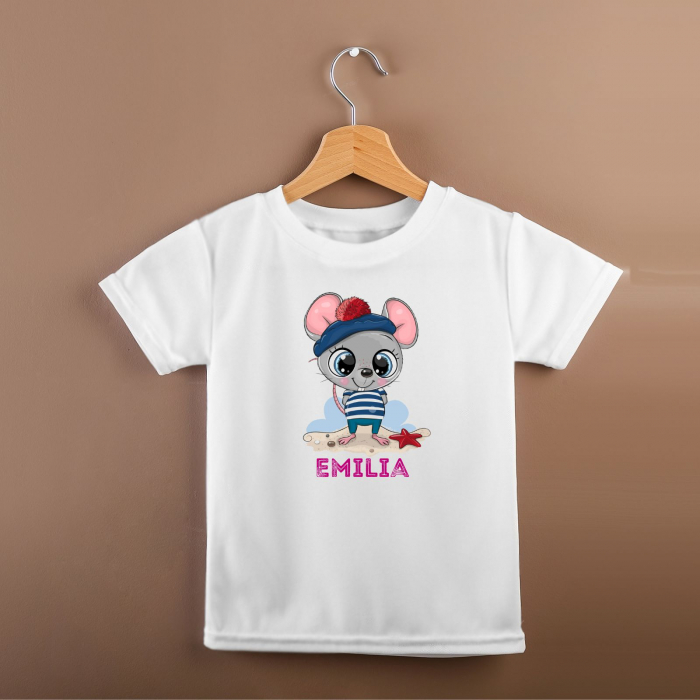 Tricou cu nume, personalizat pentru copii, cu soricel cu design marin, tricou din bumbac alb [3]