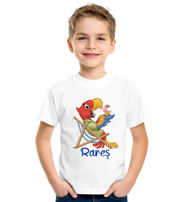 Tricou personalizat pentru baietel, cu papagal macao si numele copilului [2]