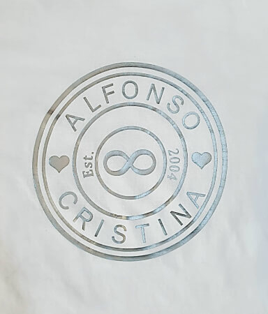 Tricou pentru cuplu personalizat cu numele partenerilor si anul relatiei, design stampila rotunda [4]