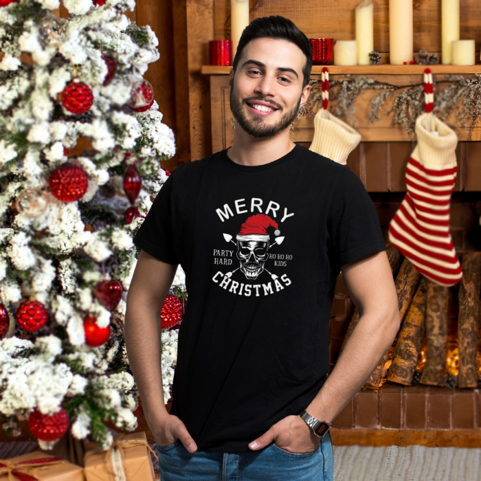 Tricou Skull Santa de craciun, cu craniu si caciula de Mos Craciun, din bumbac negru [2]