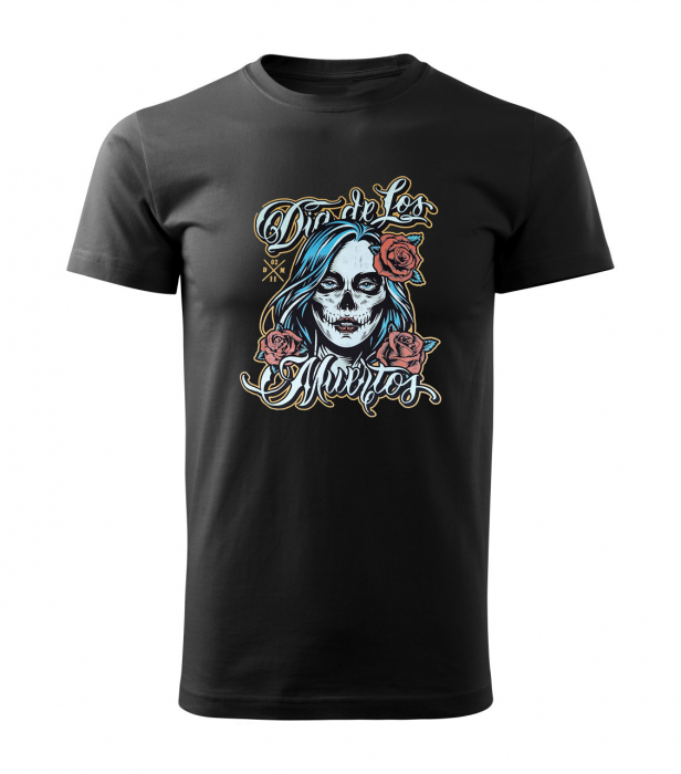 Tricou Dia de los muertos din bumbac negru, cu design craniu trandafiri [2]