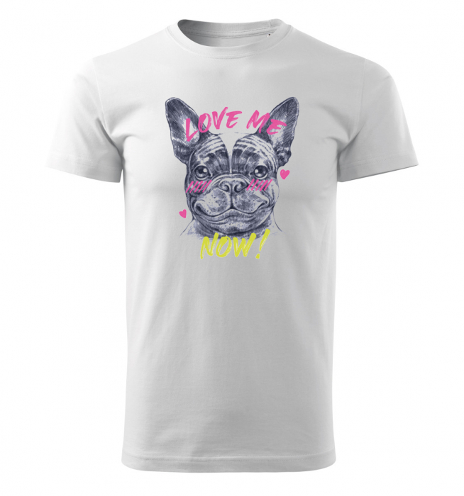 Tricou Love me Now, din bumbac alb, pentru barbati, cu design catel [3]