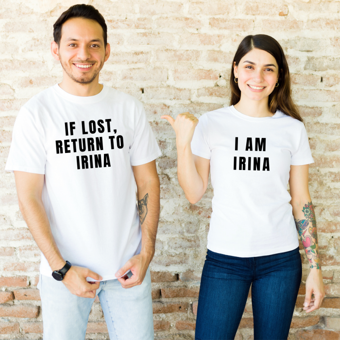 Tricouri pentru cuplu, set de 2 tricouri albe, personalizate cu If lost return to babe [2]