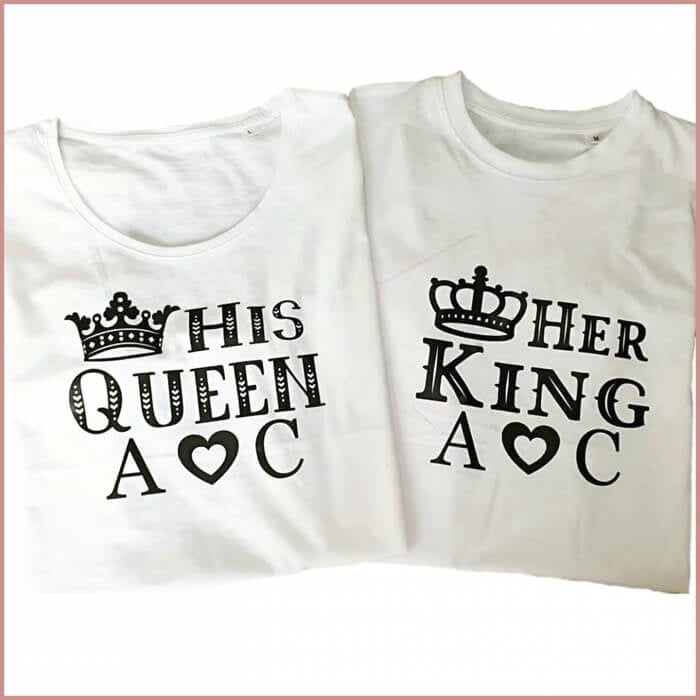 Tricouri personalizate pentru cuplu, Her King si His Queen, cu initiale si coronita [1]