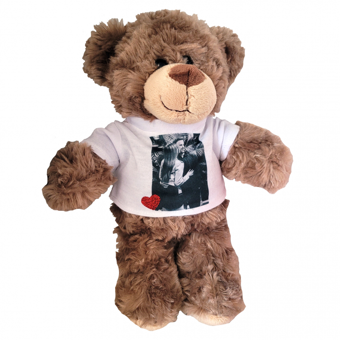 Ursulet brun din plus, cu tricou personalizat cu fotografie si inimioara [5]