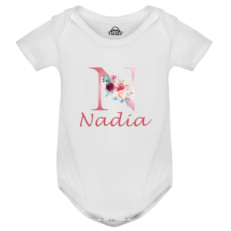 Tricouri Personalizate - Body bebe personalizat din bumbac, cu initiala cu flori si numele fetitei