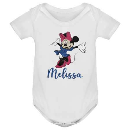 Tricouri Personalizate - Body bebe personalizat din bumbac, cu Minnie cu rochita si nume