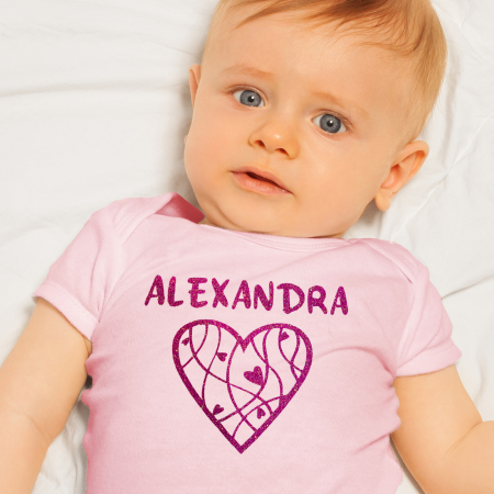 Body roz pentru fetita, bebe personalizat din bumbac cu nume si inimioara roz inchis glitter