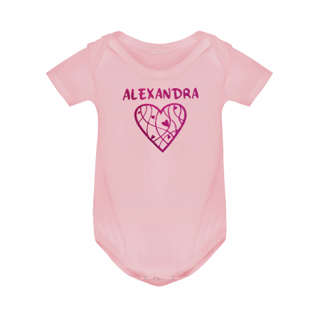 Body roz pentru fetita, bebe personalizat din bumbac cu nume si inimioara roz inchis glitter [2]