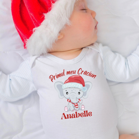 Body Bebe - Body bebe personalizat din bumbac cu nume, elefant si Primul meu Craciun