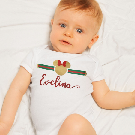 Tricouri Personalizate - Body bebe personalizat din bumbac cu nume rosu sclipicios