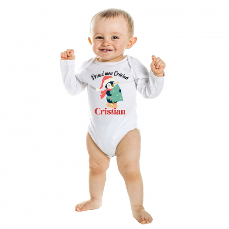 Body bebe personalizat din bumbac cu nume, pinguin si Primul meu Craciun [3]