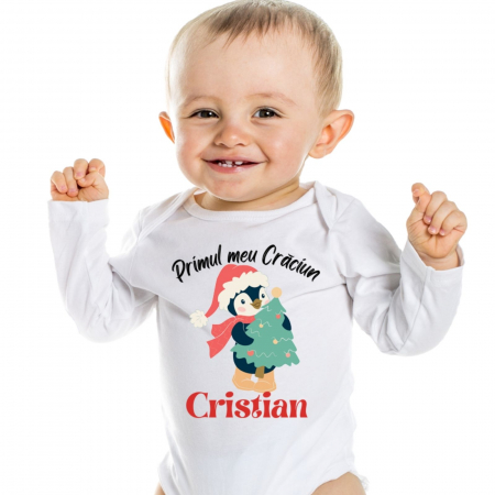 Tricouri Personalizate - Body bebe personalizat din bumbac cu nume, pinguin si Primul meu Craciun