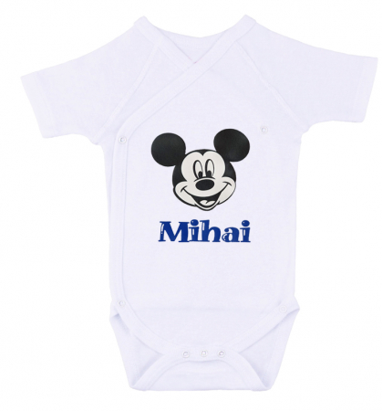 Tricouri Personalizate - Body bebe personalizat din bumbac, pentru baietel, cu nume si Mickey, cadou pentru nou nascuti