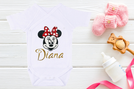 Body bebe personalizat din bumbac, pentru fetita cu nume si Minnie, cadou pentru nou nascuti  [1]