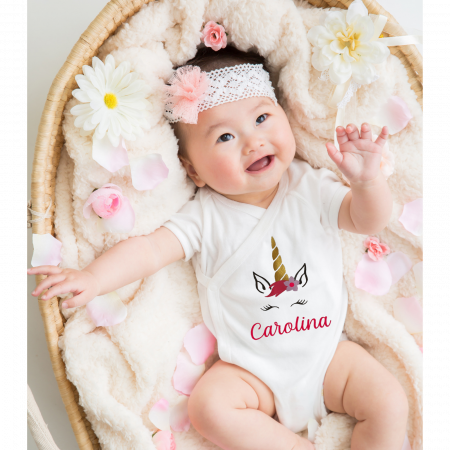 Body bebe personalizat din bumbac, pentru fetita cu nume si unicorn, cadou pentru nou nascuti [0]