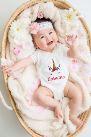Body bebe personalizat din bumbac, pentru fetita cu nume si unicorn, cadou pentru nou nascuti [2]