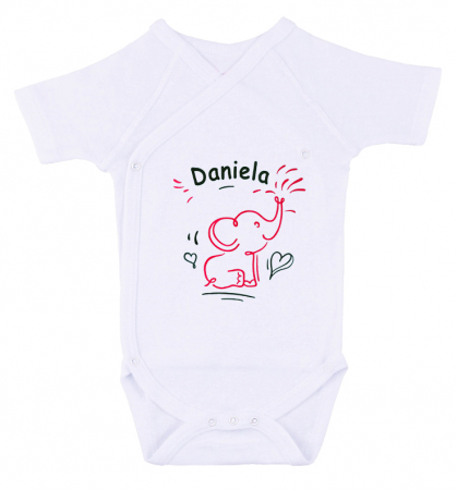 Tricouri Personalizate - Body bebe personalizat din bumbac, pentru fetita sau baietel, cu nume si elefant, cadou pentru nou nascuti