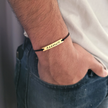 Bratara barbat personalizata cu nume gravat pe placuta placata cu aur, cu snur ajustabil inchidere macrame [2]