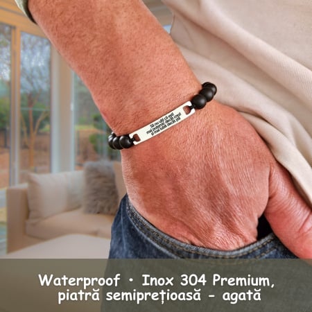 Brățară bărbați inox waterproof cu agată mată 8 mm, gravură personalizată, mesaj motivațional, ambalaj premium, cadou elegant pentru el. [2]
