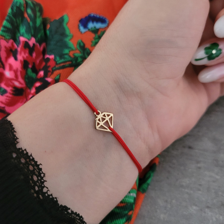 Bratara martisor cu charm diamant placat cu aur, cu snur ajustabil rosu [3]