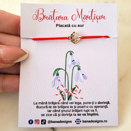 Bratara martisor cu charm diamant placat cu aur, cu snur ajustabil rosu [1]